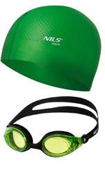 NILS Zestaw Zielono-Czarne Okularki + Zielony Czepek Pływacki