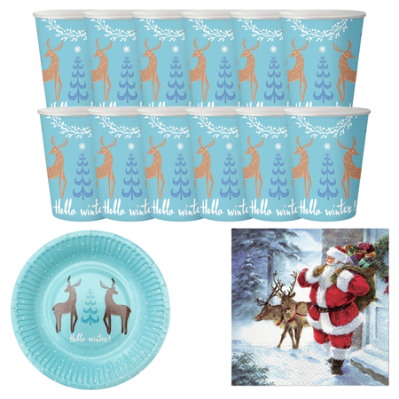 Zastawa Stołowa 12xKubeczki + 12xTalerzyki Na Święta Renifer + 20 Serwetek