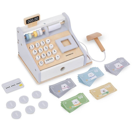Kasa Fiskalna Drewniana Sklepowa + Akcesoria Zabawka Edukacyjna Dla Dzieci