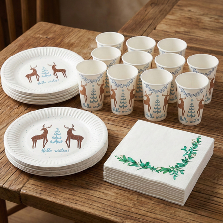 Zastawa Stołowa 12xKubeczki + 12xTalerzyki Na Święta Renifer + 20 Serwetek