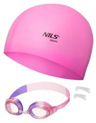 NILS Zestaw Dziewczęce Okularki Anti-Fog i UV + Różowy Czepek Pływacki