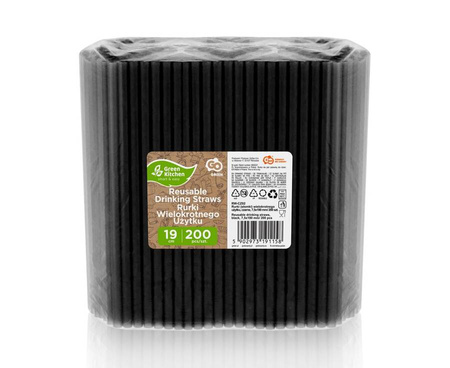 Słomki Plastikowe Rurki Wielokrotnego Użytku 19 cm GODAN Czarne 200 szt.