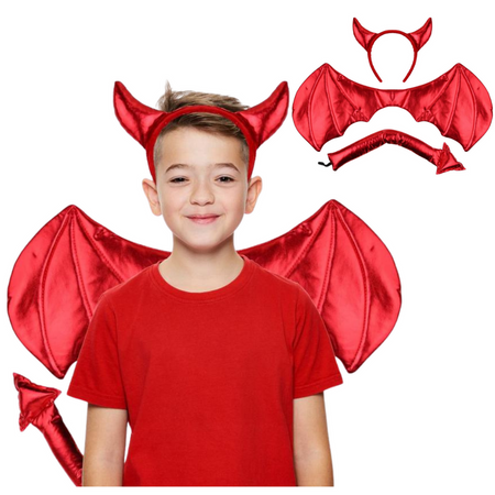 Zestaw Strój Czerwony Diabełek Opaska + Skrzydła + Ogon Na Hallowen