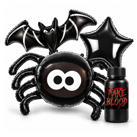 Balony Na Halloween 3 szt. Nietoperz Pająk Gwiazda + Sztuczna Krew 100 ml
