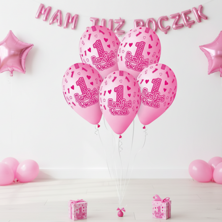Balony Dekoracyjne Na 1 Urodziny Z Nadrukiem Różowe Dla Córki 33 cm 5 szt.