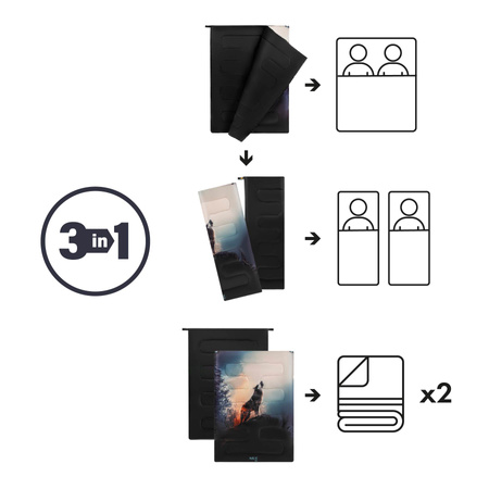 Śpiwór Turystyczny Ciepły Kempingowy Dwuosobowy 3w1 Z Pokrowcem 200x140 cm