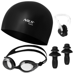 Czarny Zestaw Pływacki Na Basen Czepek + Okulary + Zatyczki Na Nos i Uszy NILS