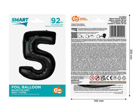 GODAN Balon Foliowy Dekoracja Na Urodziny Rocznice Jubileusze Cyfra 5 92 cm