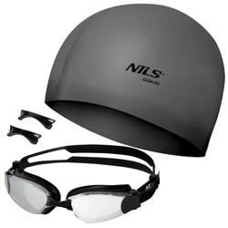 Zestaw Czarno-Szare Okularki Anti-Fog i UV + Szary Czepek Pływacki NILS