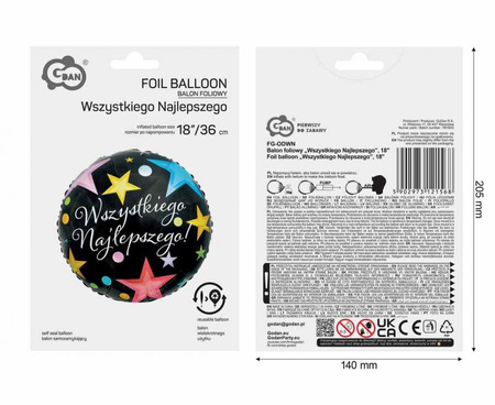 Balon Foliowy Dekoracyjny Imprezowy Na Urodziny Wszystkiego Najlepszego 18"