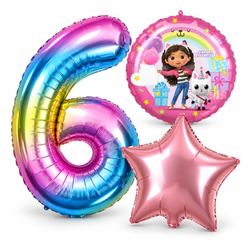 Balony Foliowe Na 6 Urodziny Koci Domek Gabi + Gwiazda + Cyfra Zestaw 3szt.