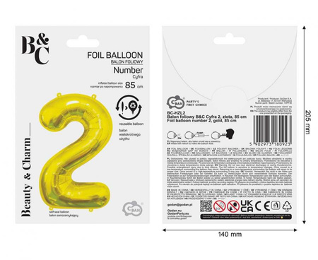 Balon Foliowy Na Urodziny Rocznicę Dekoracja Cyfra 2 Złota 85 cm Na Hel