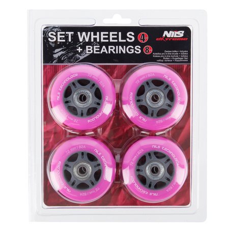 Kółka Do Rolek Kauczukowe 72 mm Zestaw 4 szt. + Łożyska ABEC-7 Różowe NILS