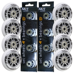 Kółka Do Rolek Kauczukowe 76 mm Zestaw 8 szt. + Łożyska ABEC-7 Białe NILS