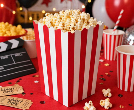 Pudełko Na Popcorn Kubełek Pojemnik Na Przekąski Czerwono-Białe Paski 8szt.