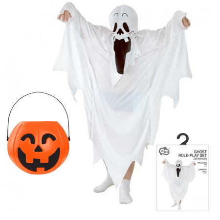 Strój Duch Upiór Na Halloween Dla Dziecka Z Kapturem + Wiaderko Dynia GODAN