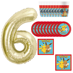 8xKubeczki + 8xTalerzyki +20xSerwetki Pokemon + Balon Foliowy Cyfra 6 85 cm
