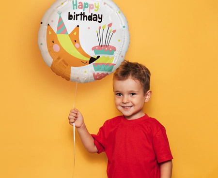 Balon Foliowy Lisek Z Tortem Happy Birthday Na Przyjęcie Urodziny 18"