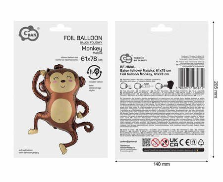 Balon Foliowy Małpka Na Urodziny Imprezę Przyjęcie Dla Dziecka 61x78 cm