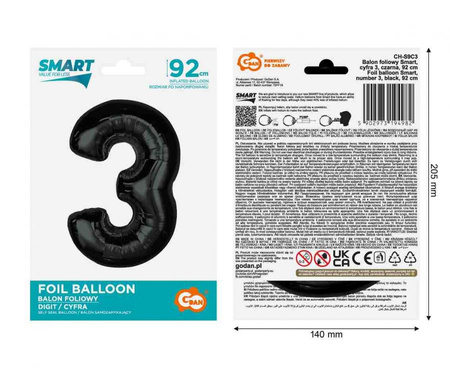 Balon Foliowy Dekoracja Na Urodziny Rocznice Jubileusze Cyfra 3 GODAN 92 cm