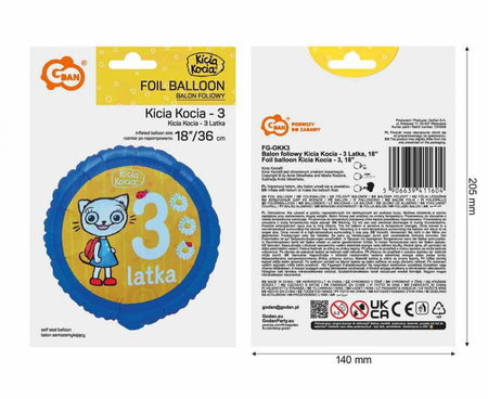 Balon Foliowy Kicia Kocia Dekoracja Na Urodziny 3 Latka Kotek 18" GODAN