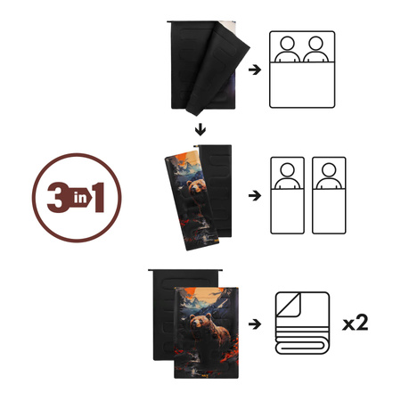 Śpiwór Turystyczny Ciepły Kempingowy Dwuosobowy 3w1 Z Pokrowcem 200x140 cm