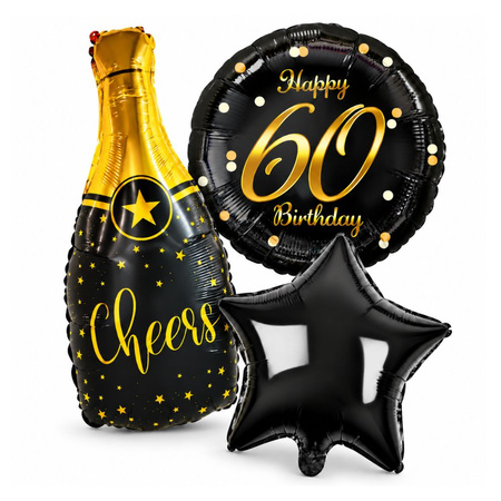 Balony Foliowe Na 60 Urodziny Zestaw Szampan Gwiazda Happy Birthday 3 szt.