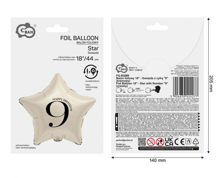 Balon Foliowy Dekoracyjny Ozdobny Imprezowy Na Urodziny Cyfra 9 GODAN 18"