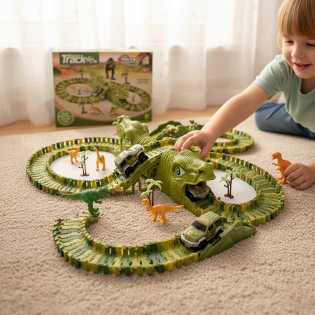 Tor Wyścigowy Samochodowy Dinozaury Tunele + Autko 140 Elementów Dla Dzieci
