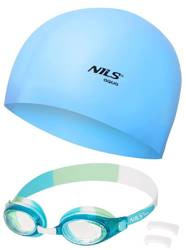 NILS Zestaw Dla Dziecka NiebieskIe Okularki + Niebieski Czepek Pływacki