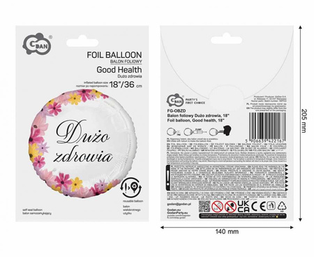 Balon Foliowy Dekoracyjny Imprezowy Na Urodziny Dużo Zdrowia GODAN 18"