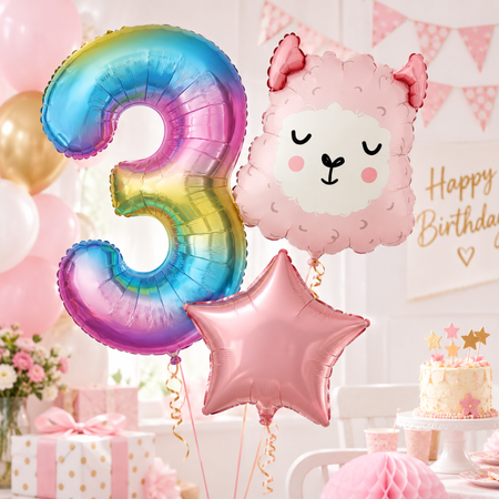 Balony Foliowe Na 3 Urodziny Dla Dziewczynki Alpaka + Gwiazda + Cyfra 3szt.