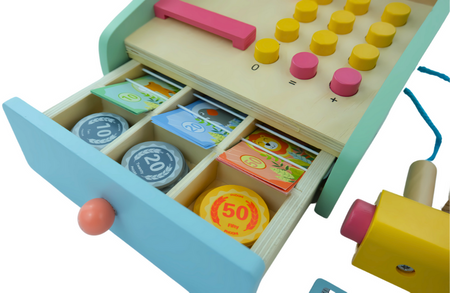 MERKAN Drewniana Kasa Fiskalna Sklepowa Dla Dzieci Zabawka Edukacyjna + Akcesoria