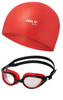 NILS Zestaw Czarno-Czerwone Okularki + Czerwony Czepek Pływacki