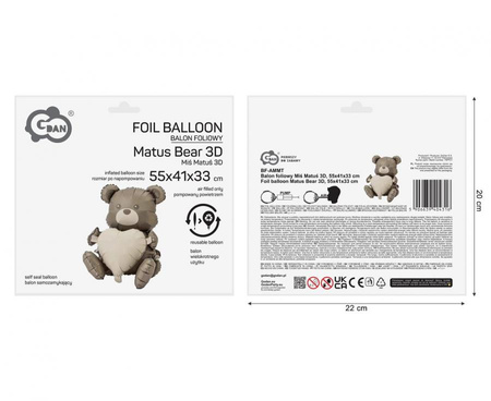 Balon Foliowy Siedzący Miś Matuś Z Sercem 3D Na Urodziny Walentynki 55x41cm