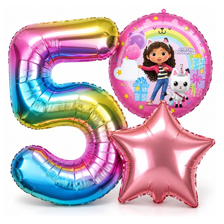 Balony Foliowe Na 5 Urodziny Koci Domek Gabi + Gwiazda + Cyfra Zestaw 3szt.