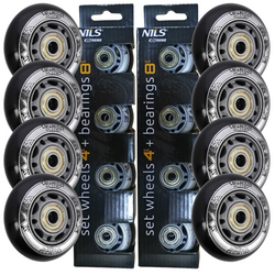 Kółka Do Rolek Kauczukowe 64 mm Zestaw 8 szt. + Łożyska ABEC-9 Czarne NILS