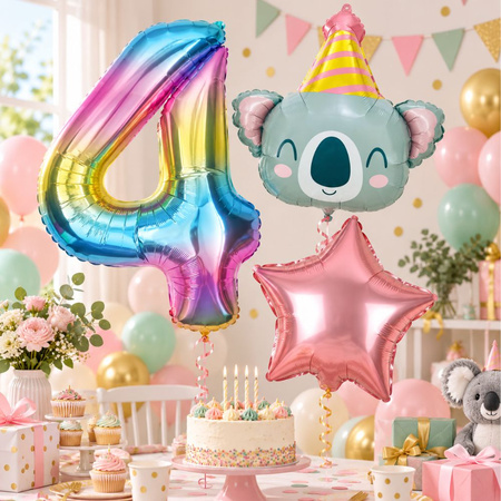 Balony Foliowe Na 4 Urodziny Koala Z Czapeczką + Gwiazda + Cyfra 3 szt.