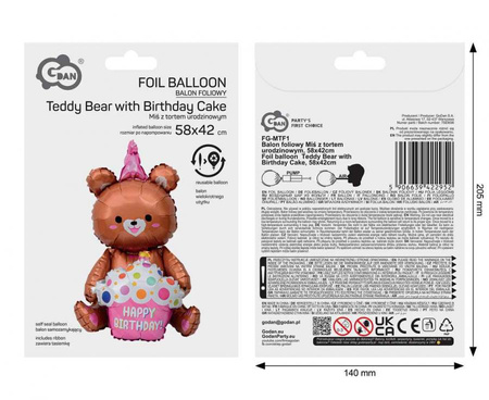 Balon Foliowy Miś Z Tortem Urodzinowym Na Urodziny Przyjęcie GODAN 58x42cm