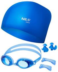 Niebieski Zestaw Pływacki Na Basen Czepek Do Długich Włosów + Okulary + Zatyczki NILS