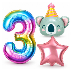 Balony Foliowe Na 3 Urodziny Koala Z Czapeczką + Gwiazda + Cyfra 3 szt.
