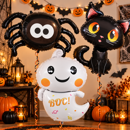 Balony Foliowe Na Halloween Imprezę Zestaw 3 szt. Duszek Pająk Czarny Kot