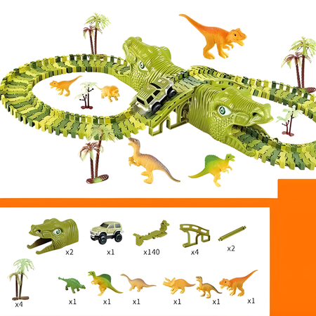 Tor Wyścigowy Samochodowy Dinozaury Tunele + Autko 140 Elementów Dla Dzieci