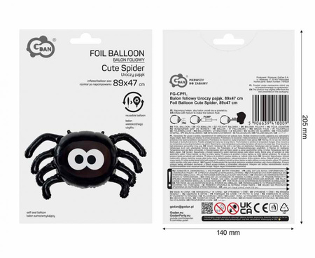Balon Foliowy Czarny Uroczy Pająk Na Imprezę Halloween 89x47 cm GODAN