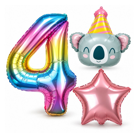 Balony Foliowe Na 4 Urodziny Koala Z Czapeczką + Gwiazda + Cyfra 3 szt.