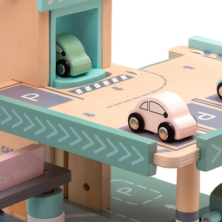 Drewniany Parking Piętrowy Garaż Z Windą i Stacją + Samochodziki Merkan