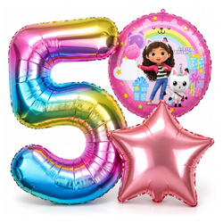 Balony Foliowe Na 5 Urodziny Koci Domek Gabi + Gwiazda + Cyfra Zestaw 3szt.