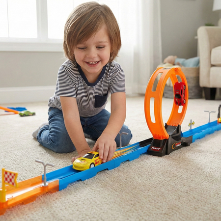 Tor Wyścigowy Samochodowy Pull Back Dla Dzieci 150 cm + 3 Samochody TLD