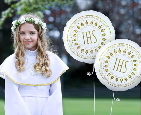Balon Foliowy Biały Pierwsza Komunia Święta Chrzest  Hostia IHS 18"