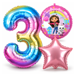 Balony Foliowe Na 3 Urodziny Koci Domek Gabi + Gwiazda + Cyfra Zestaw 3szt.